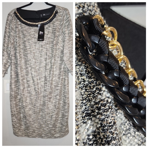 NWT Chetta B Metallic Grey Embellished Neckline Tweed Shift Dress Sz 16W Stretch - Picture 1 of 17